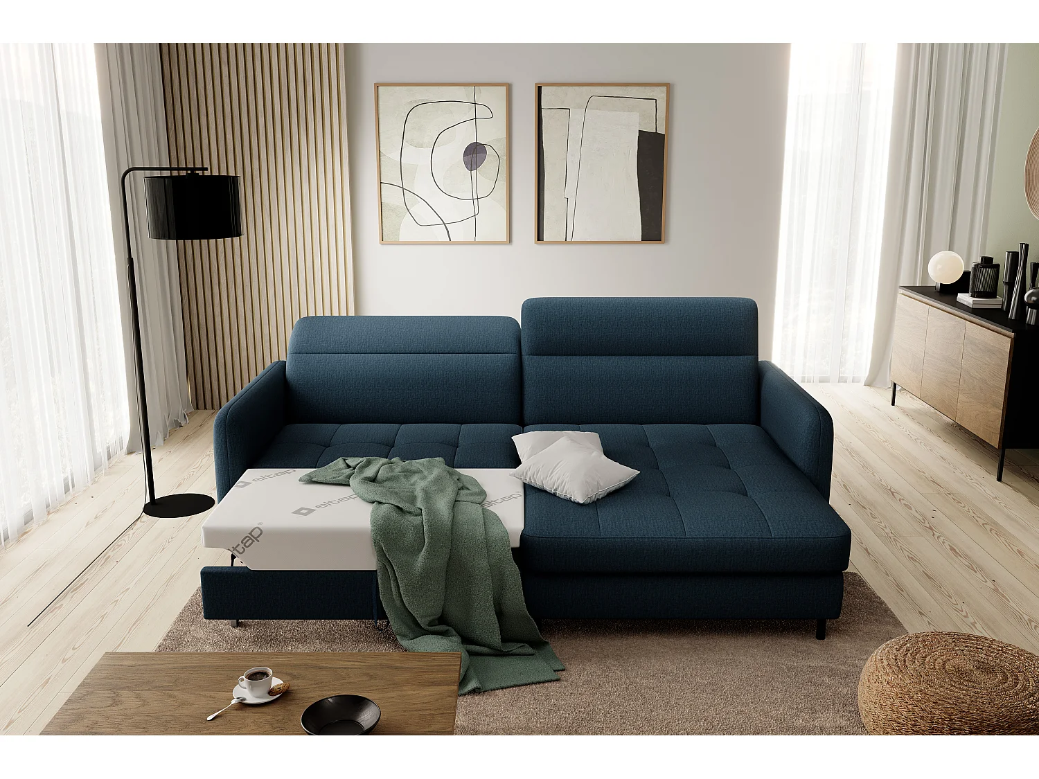 Petit canapé d’angle convertible tissu Kunder-Bleu pétrole-angle droit