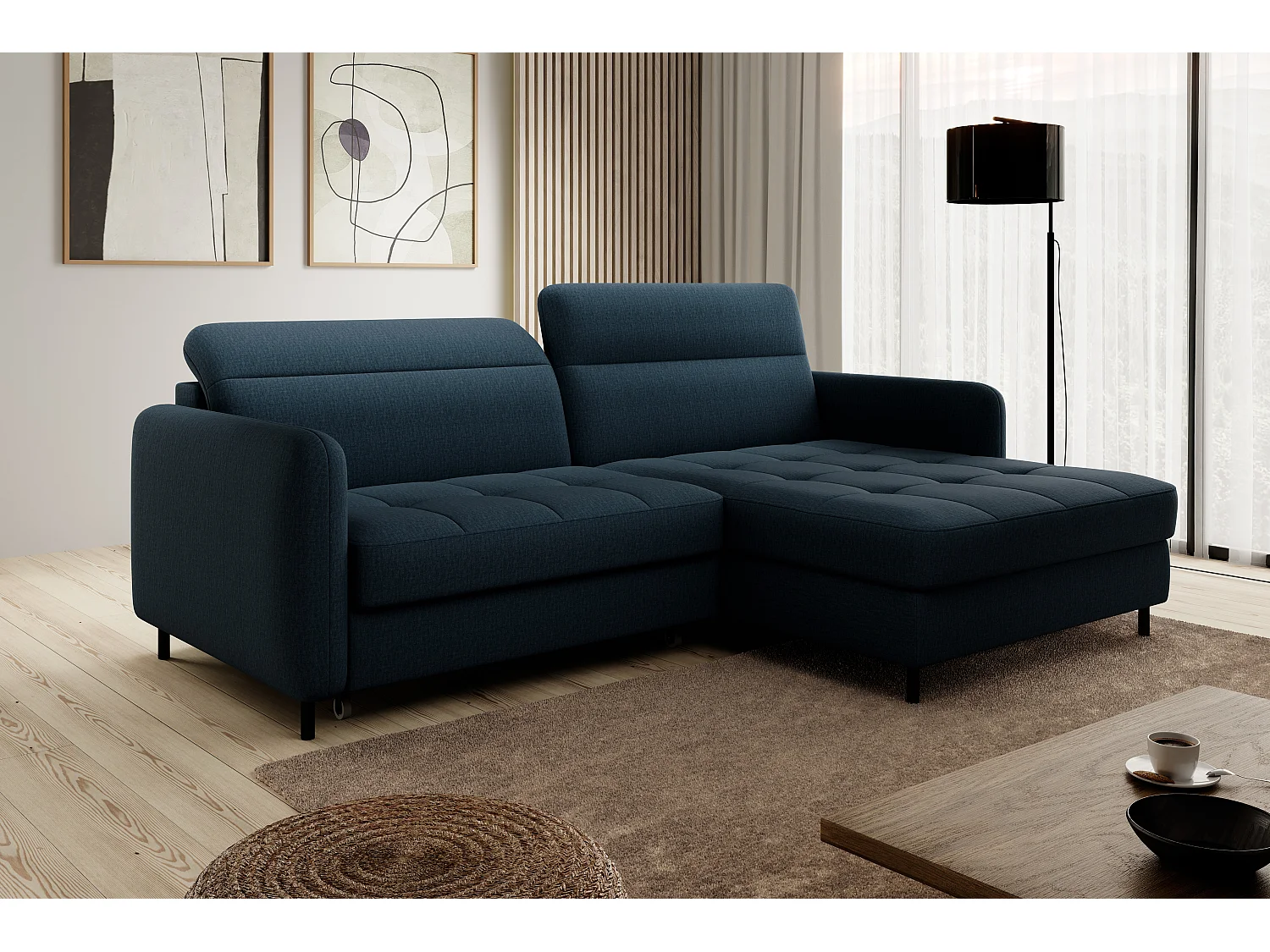 Petit canapé d’angle convertible tissu Kunder-Bleu pétrole-angle droit