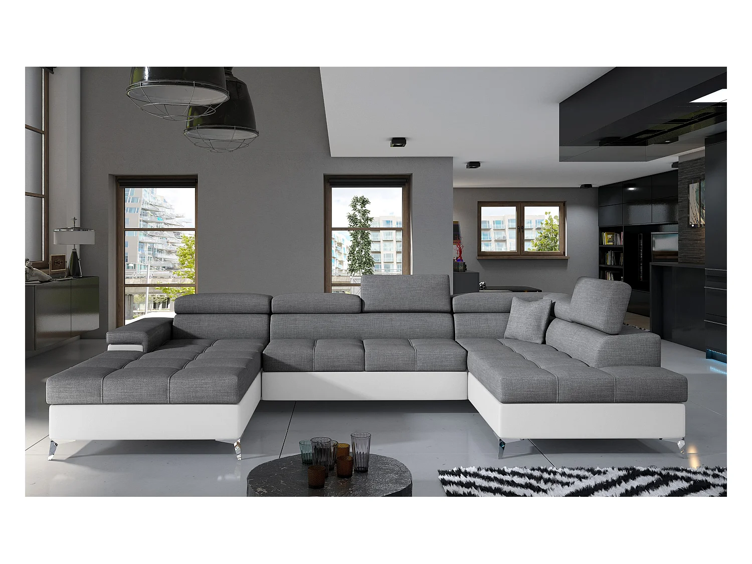 Canapé panoramique convertible KUTTY - Rangement et appuie-têtes réglables-Blanc/Gris-Coffre à droite