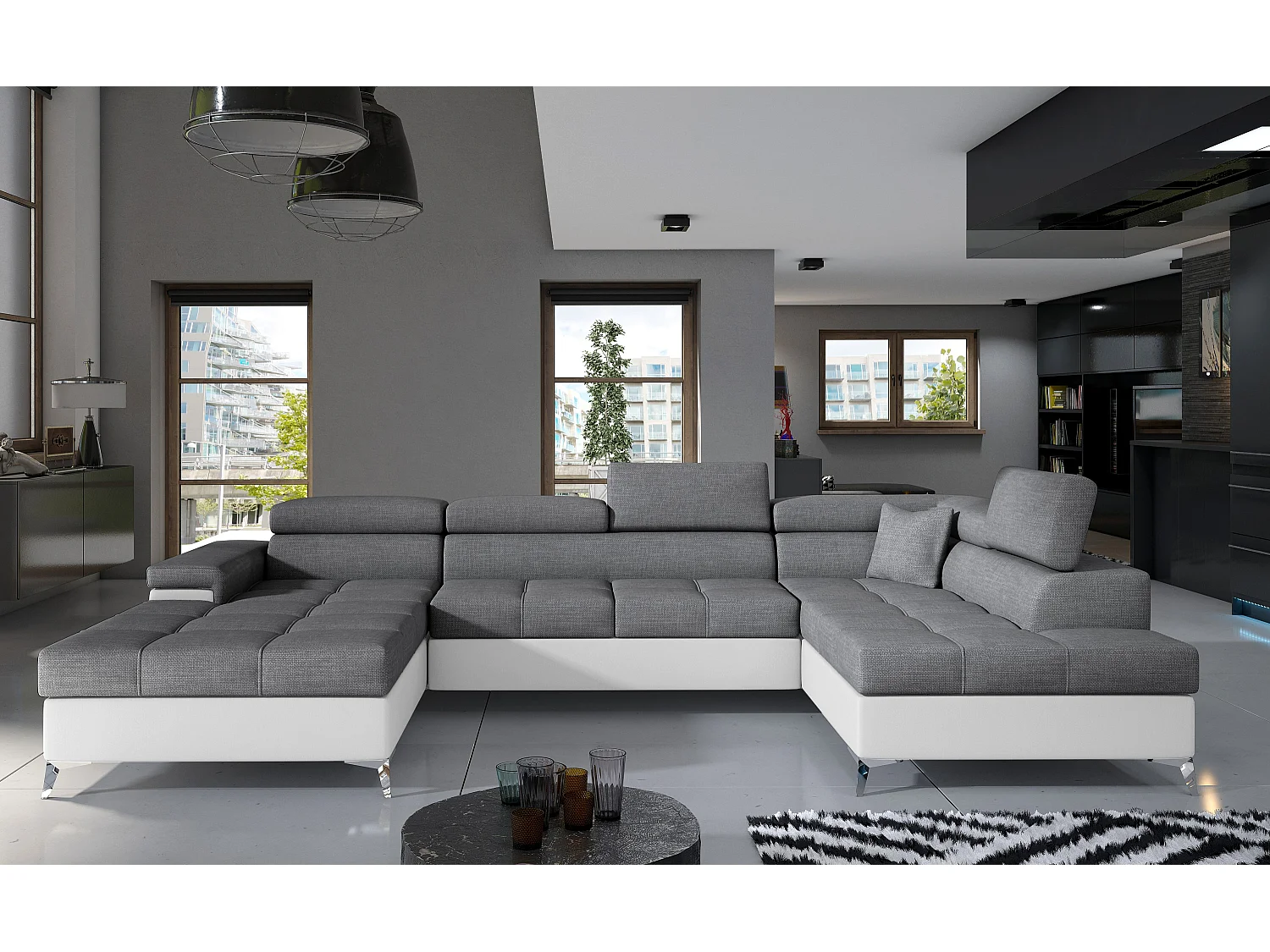 Canapé panoramique convertible KUTTY - Rangement et appuie-têtes réglables-Blanc/Gris-Coffre à droite