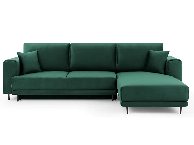 Canapé d'angle convertible velours DAVINA - Coffre et pieds métal noir-Vert foncé-angle droit
