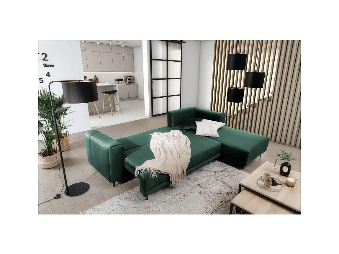 Canapé d'angle convertible velours DAVINA - Coffre et pieds métal noir-Vert foncé-angle droit