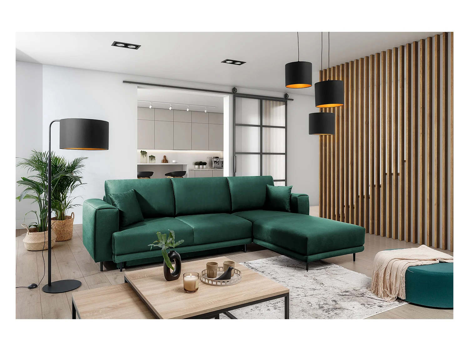 Canapé d'angle convertible velours DAVINA - Coffre et pieds métal noir-Vert foncé-angle droit