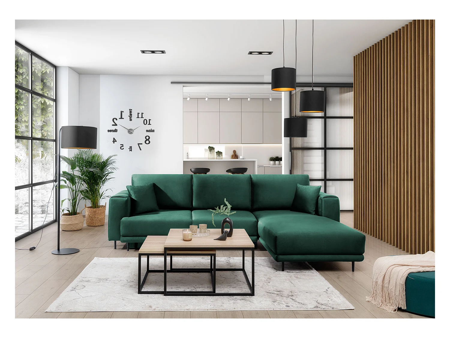 Canapé d'angle convertible velours DAVINA - Coffre et pieds métal noir-Vert foncé-angle droit