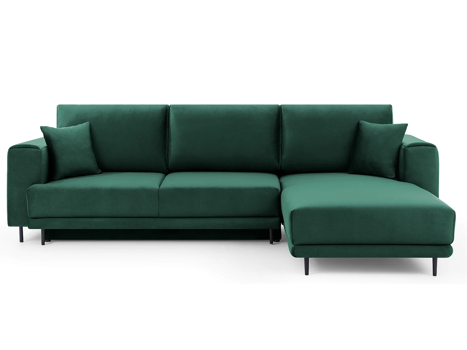 DAVINA omvormbare fluwelen hoekbank - Zwarte metalen opbergruimte en poten-Kleur Donkergroen-juiste hoek