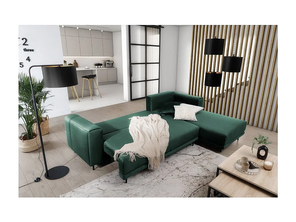 DAVINA omvormbare fluwelen hoekbank - Zwarte metalen opbergruimte en poten-Kleur Donkergroen-juiste hoek