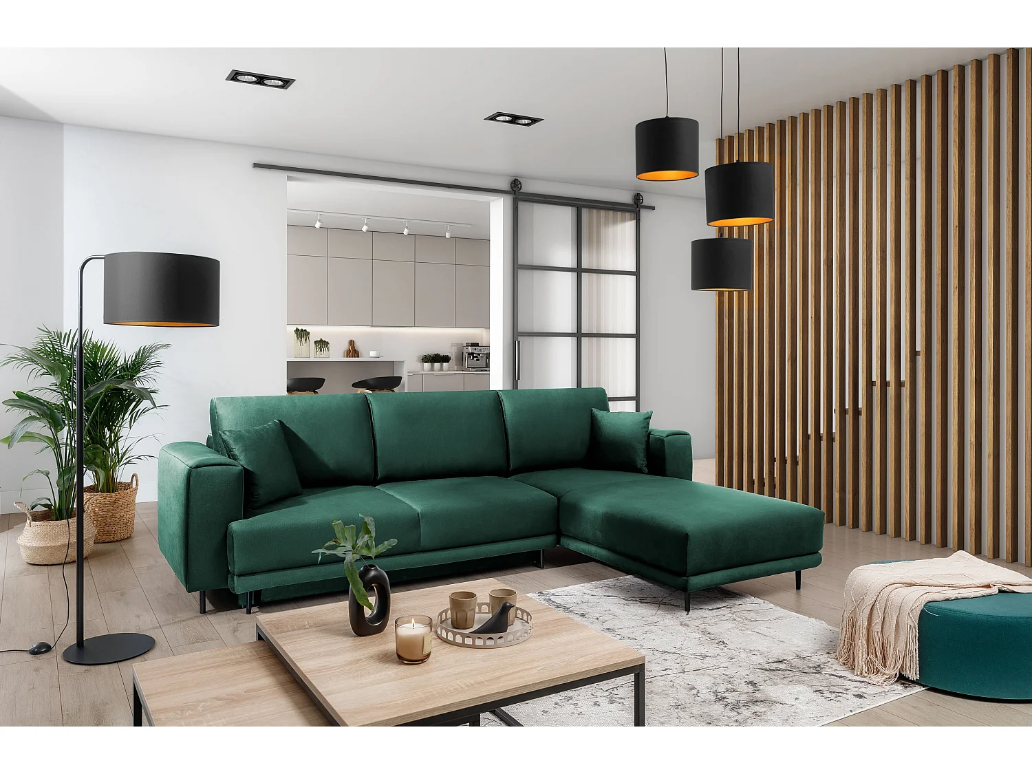 DAVINA omvormbare fluwelen hoekbank - Zwarte metalen opbergruimte en poten-Kleur Donkergroen-juiste hoek