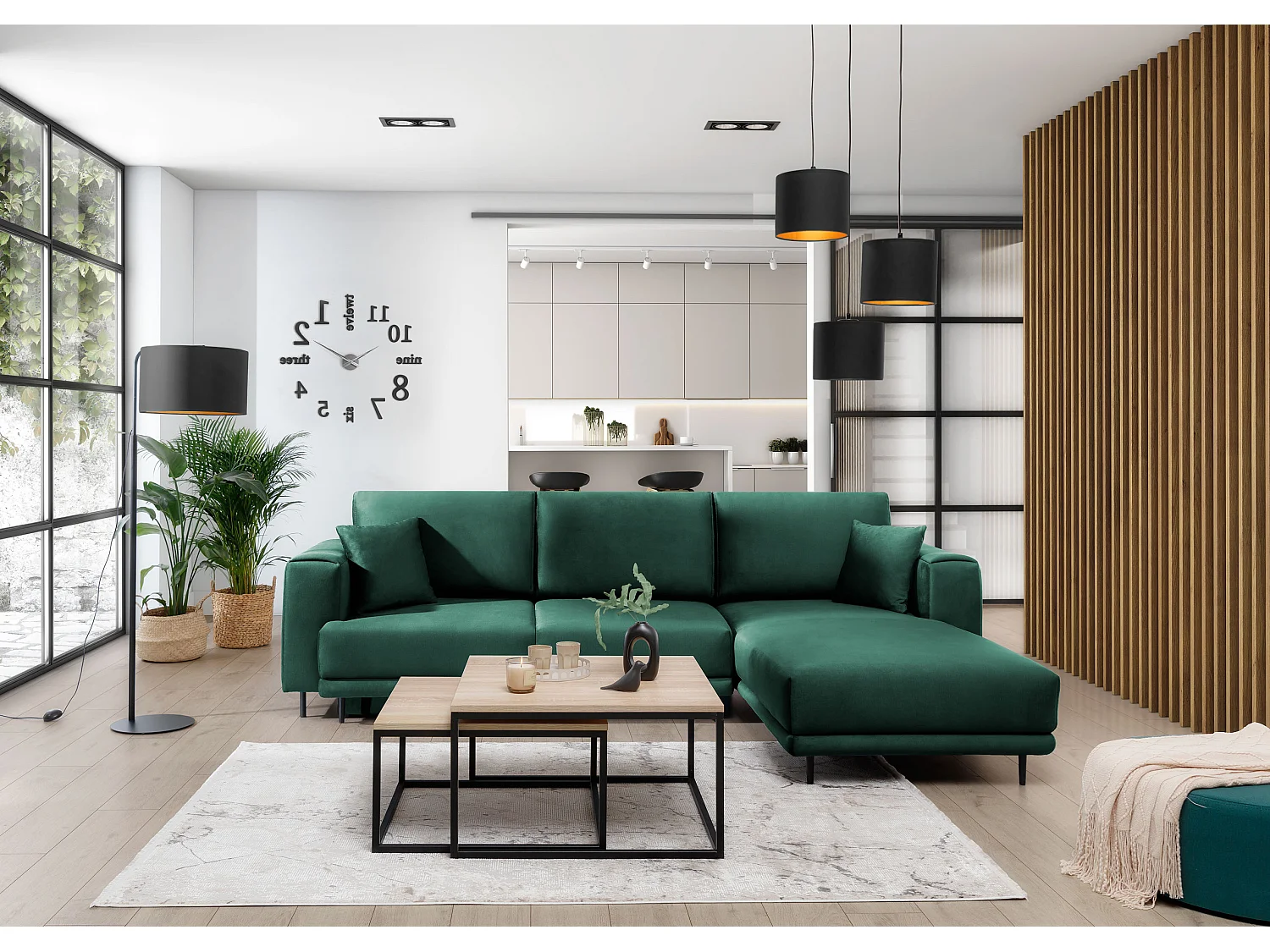 DAVINA omvormbare fluwelen hoekbank - Zwarte metalen opbergruimte en poten-Kleur Donkergroen-juiste hoek