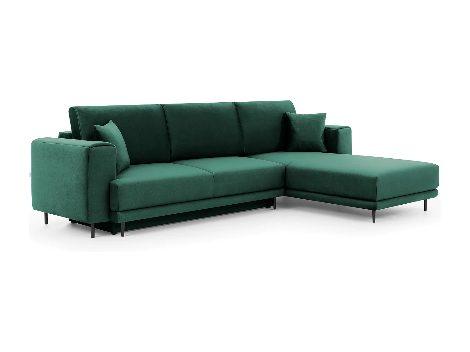 DAVINA omvormbare fluwelen hoekbank - Zwarte metalen opbergruimte en poten-Kleur Donkergroen-juiste hoek