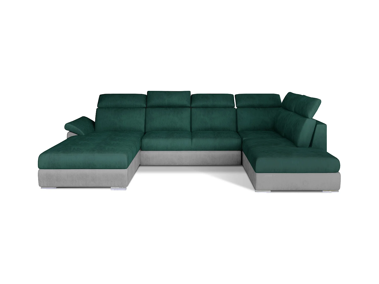 Canapé panoramique convertible LEVANO velours - Rangement et appuie-têtes réglables-Gris clair/Vert-Coffre à droite