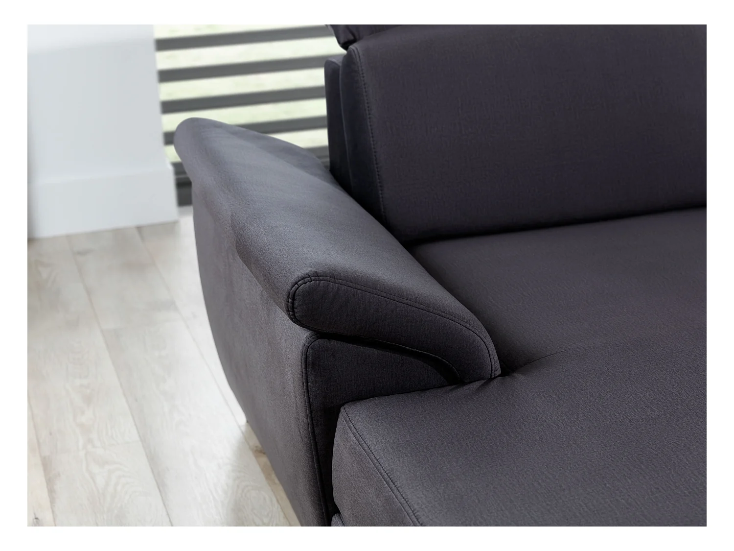 Canapé panoramique convertible LEVANO velours - Rangement et appuie-têtes réglables-Gris clair/Vert-Coffre à droite