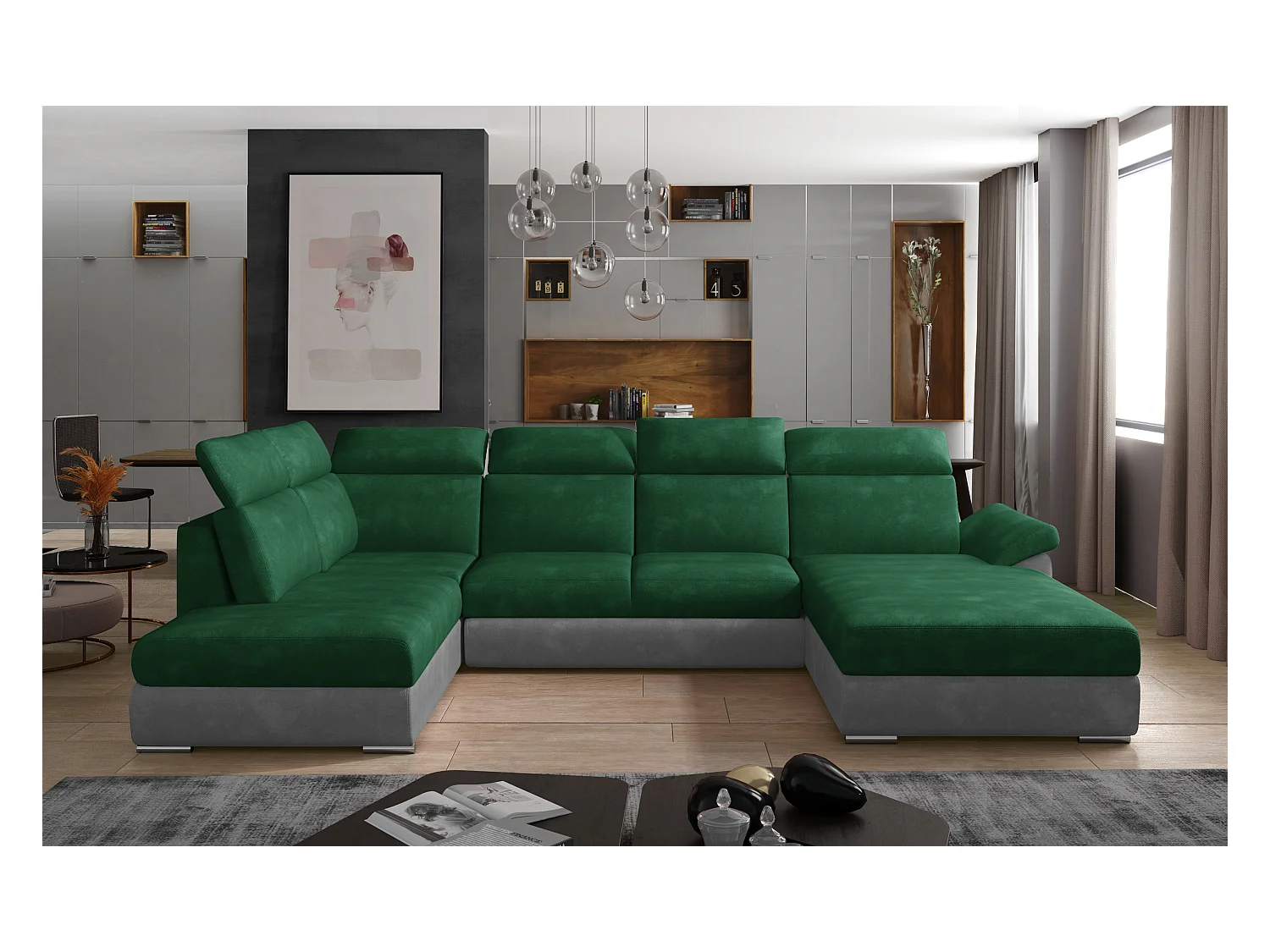 Canapé panoramique convertible LEVANO velours - Rangement et appuie-têtes réglables-Gris clair/Vert-Coffre à droite