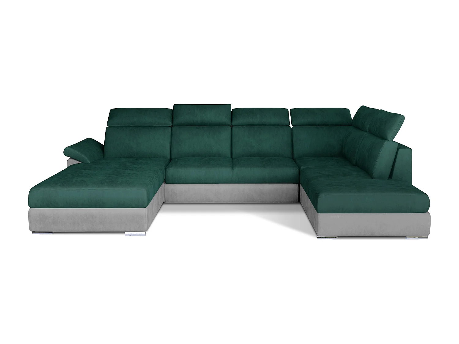 Canapé panoramique convertible LEVANO velours - Rangement et appuie-têtes réglables-Gris clair/Vert-Coffre à droite