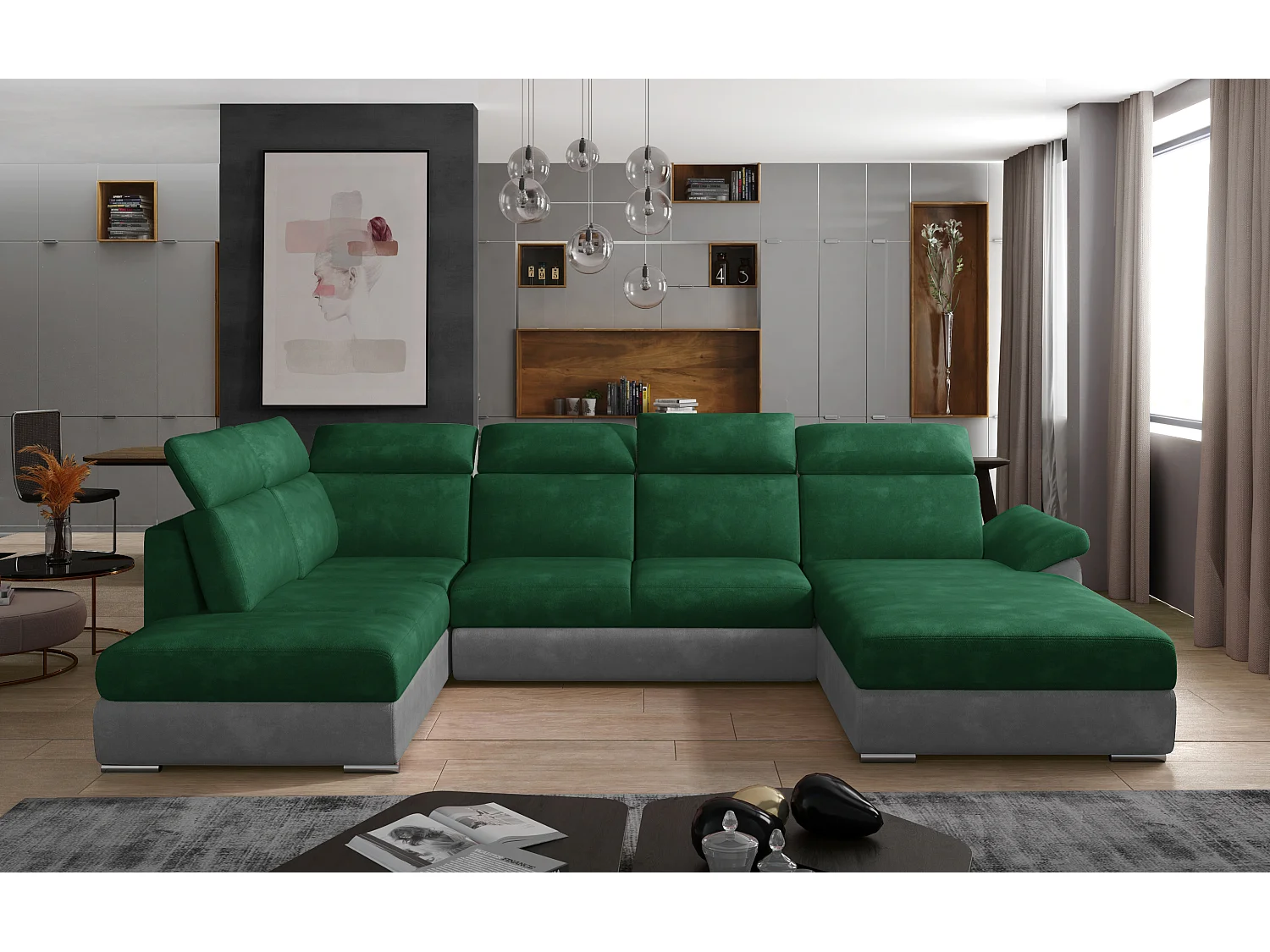 Canapé panoramique convertible LEVANO velours - Rangement et appuie-têtes réglables-Gris clair/Vert-Coffre à droite