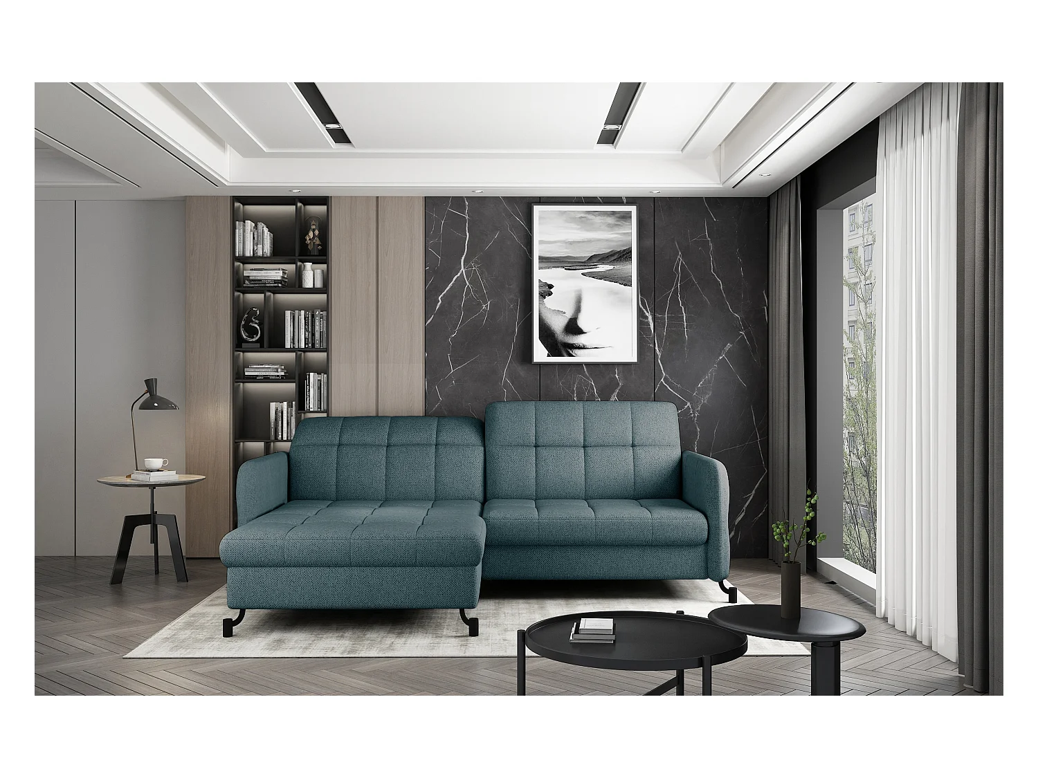 Canapé d'angle convertible tissu avec coffre de rangement LORI-Vert clair-angle gauche