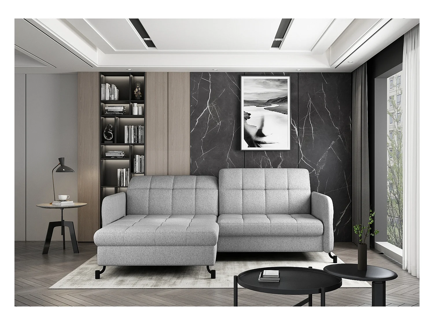 Canapé d'angle convertible tissu avec coffre de rangement LORI-Vert clair-angle gauche