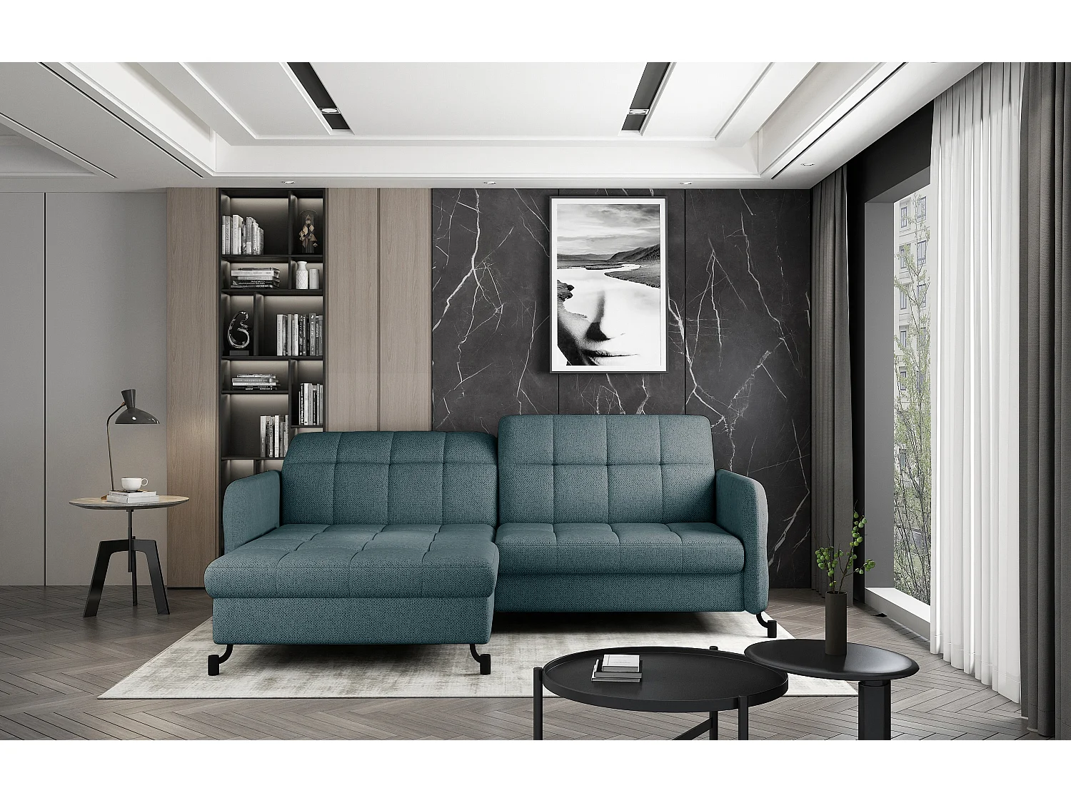 Canapé d'angle convertible tissu avec coffre de rangement LORI-Vert clair-angle gauche