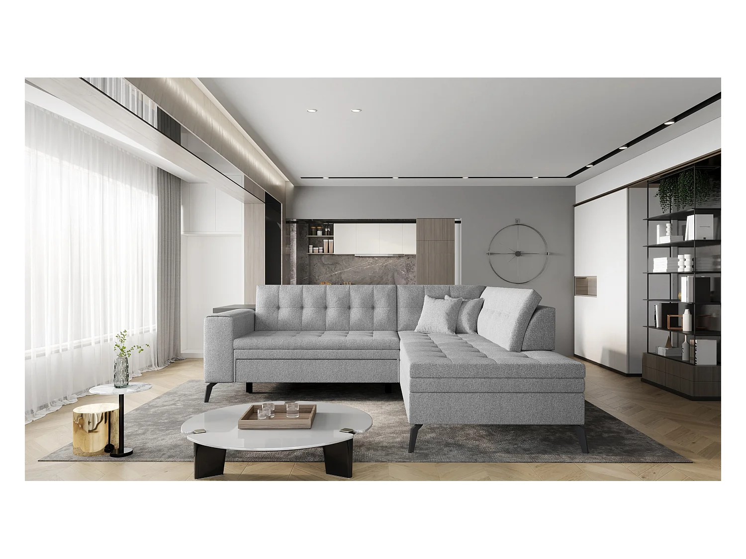 Canapé d'angle convertible tissu LARRY - Pieds acier noir-Gris clair-angle droit