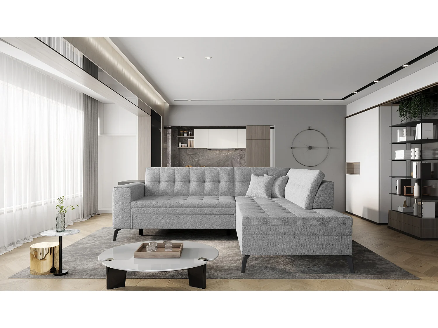 Canapé d'angle convertible tissu LARRY - Pieds acier noir-Gris clair-angle droit