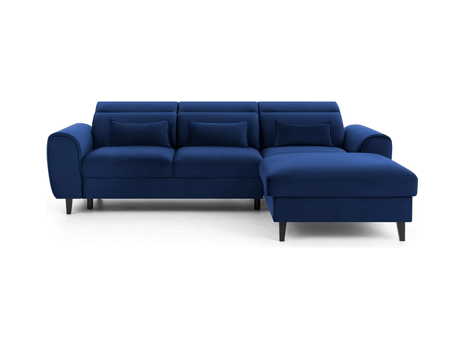 Canapé d'angle convertible velours appuis-tête réglables ASTORIA - Coffre et pieds bois noir-Bleu nuit-angle droit