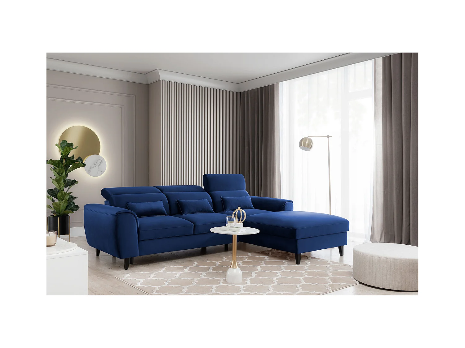 Canapé d'angle convertible velours appuis-tête réglables ASTORIA - Coffre et pieds bois noir-Bleu nuit-angle droit