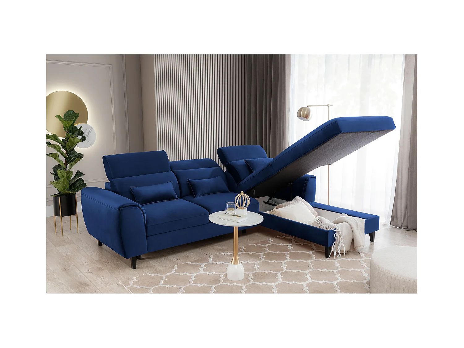 Canapé d'angle convertible velours appuis-tête réglables ASTORIA - Coffre et pieds bois noir-Bleu nuit-angle droit