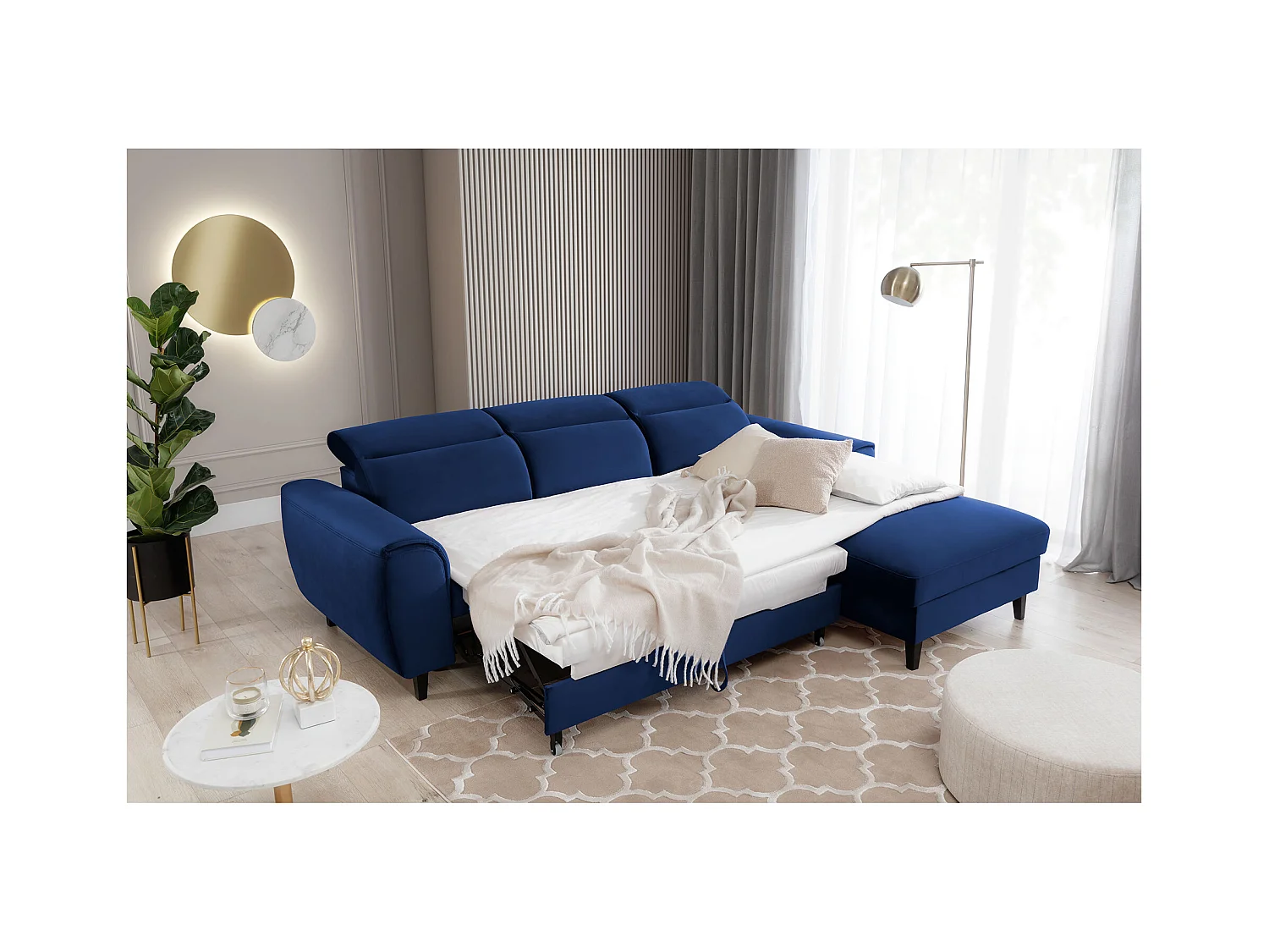 Canapé d'angle convertible velours appuis-tête réglables ASTORIA - Coffre et pieds bois noir-Bleu nuit-angle droit