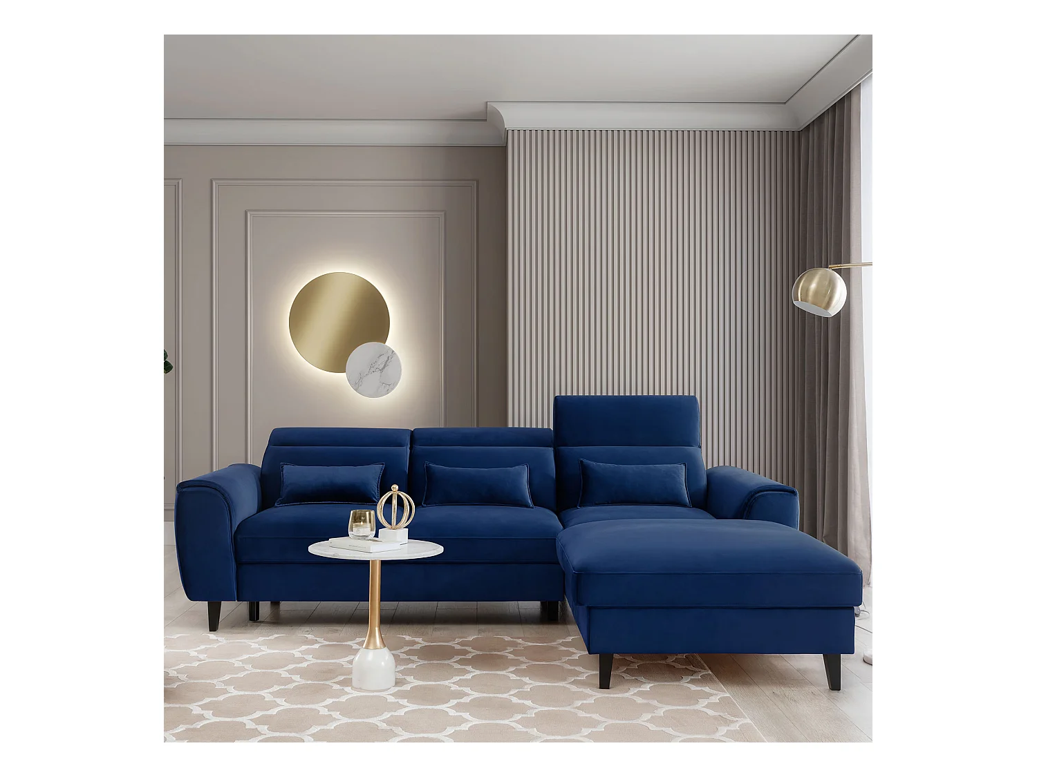 Canapé d'angle convertible velours appuis-tête réglables ASTORIA - Coffre et pieds bois noir-Bleu nuit-angle droit