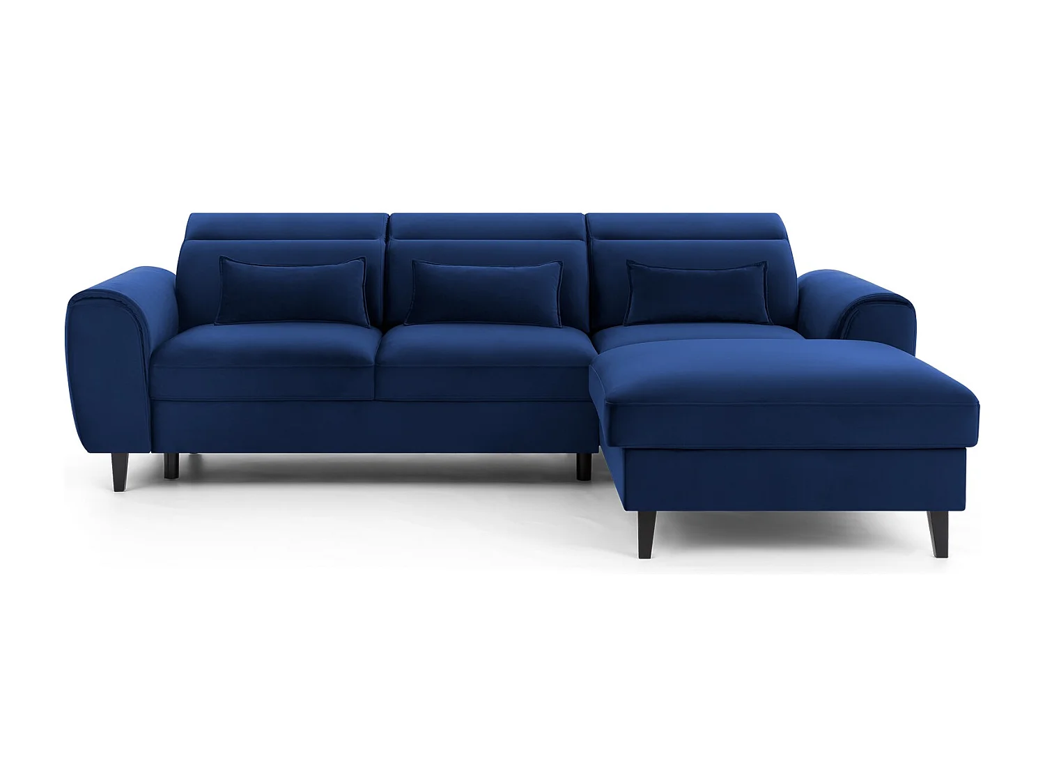 Canapé d'angle convertible velours appuis-tête réglables ASTORIA - Coffre et pieds bois noir-Bleu nuit-angle droit