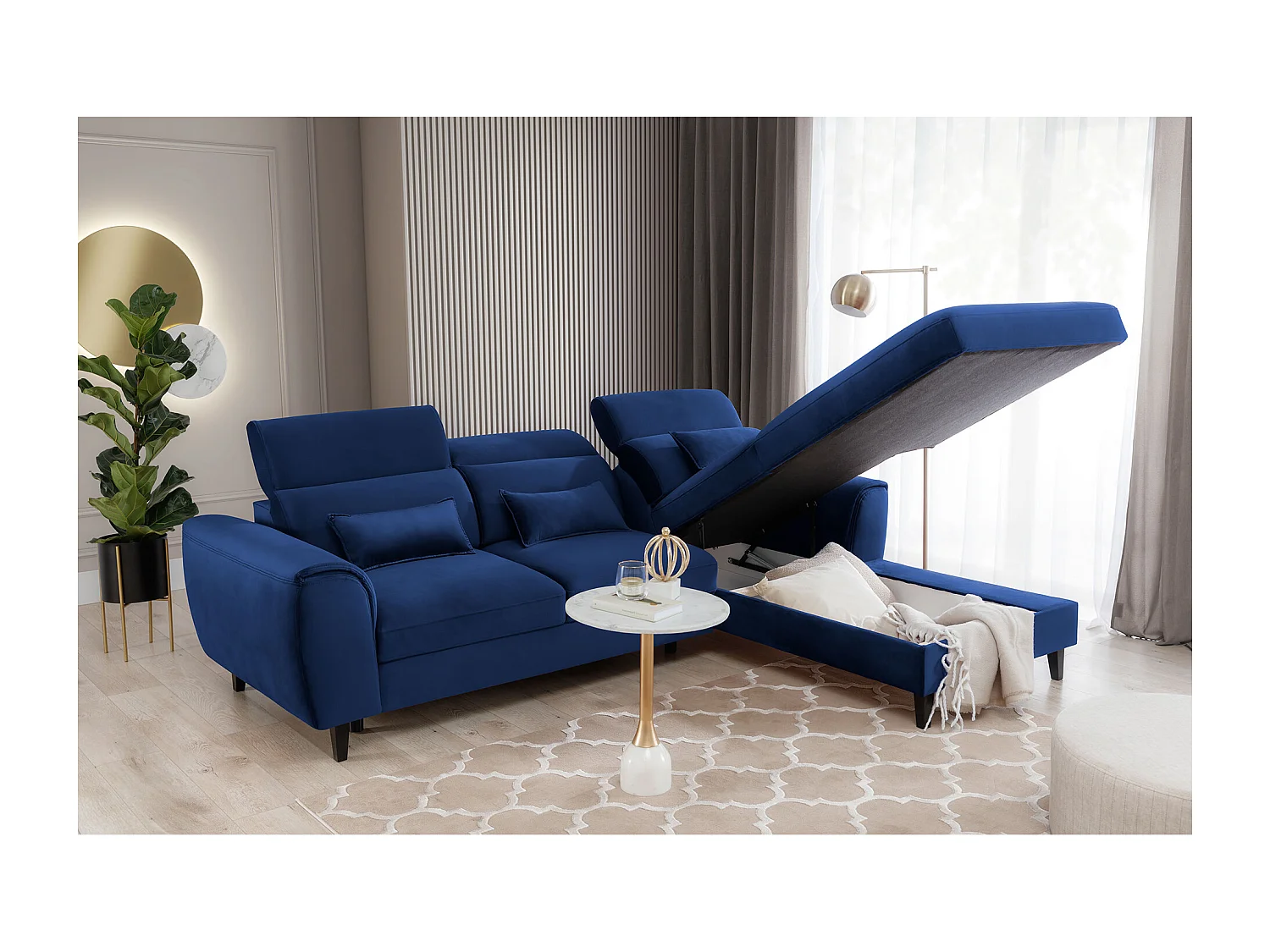 Canapé d'angle convertible velours appuis-tête réglables ASTORIA - Coffre et pieds bois noir-Bleu nuit-angle droit