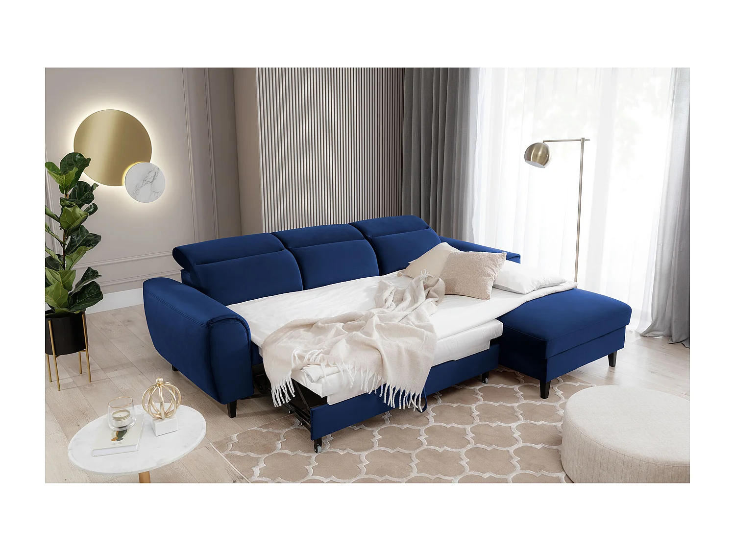 Canapé d'angle convertible velours appuis-tête réglables ASTORIA - Coffre et pieds bois noir-Bleu nuit-angle droit