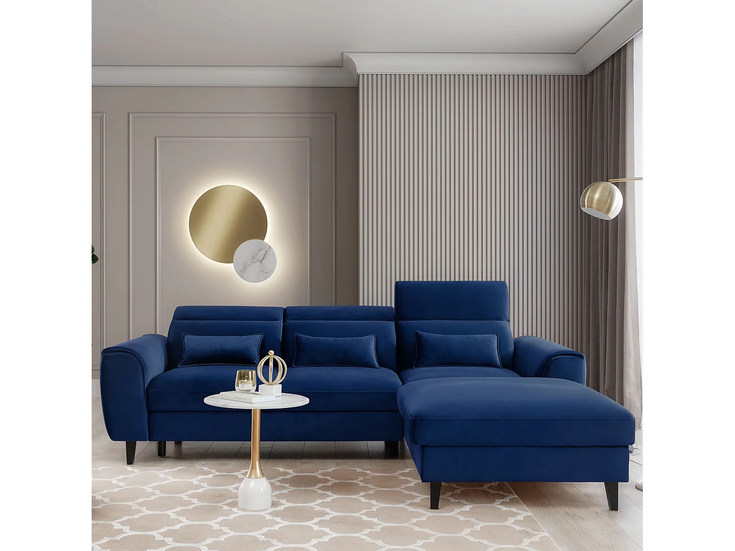 Canapé d'angle convertible velours appuis-tête réglables ASTORIA - Coffre et pieds bois noir-Bleu nuit-angle droit