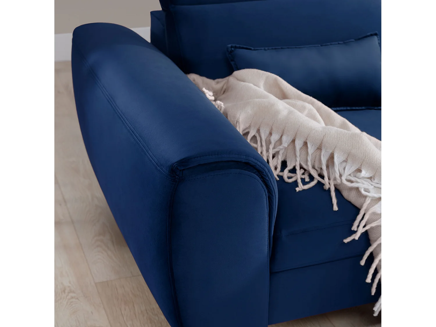 Canapé d'angle convertible velours appuis-tête réglables ASTORIA - Coffre et pieds bois noir-Bleu nuit-angle droit