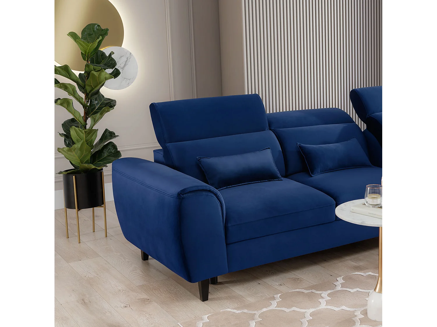 Canapé d'angle convertible velours appuis-tête réglables ASTORIA - Coffre et pieds bois noir-Bleu nuit-angle droit