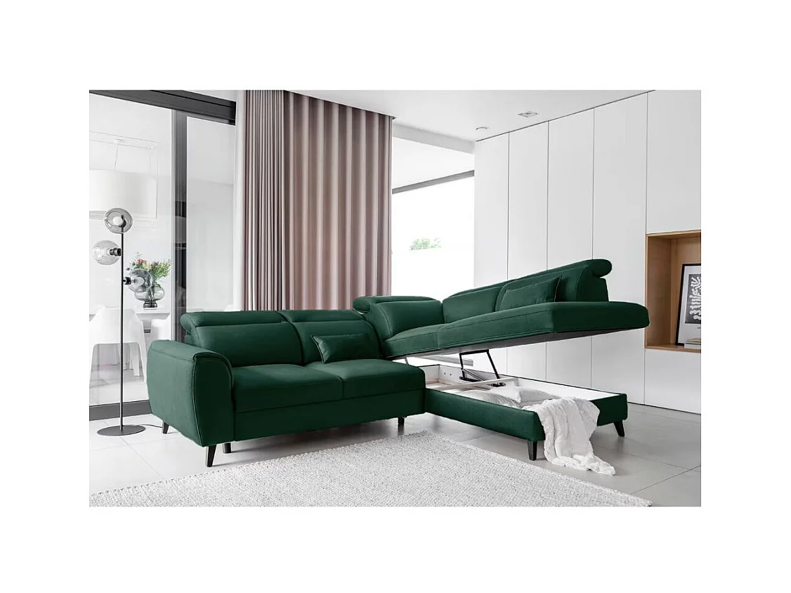 Canapé d'angle convertible avec rangement velours NOBLESSE - Pieds bois noir-Vert foncé-angle droit