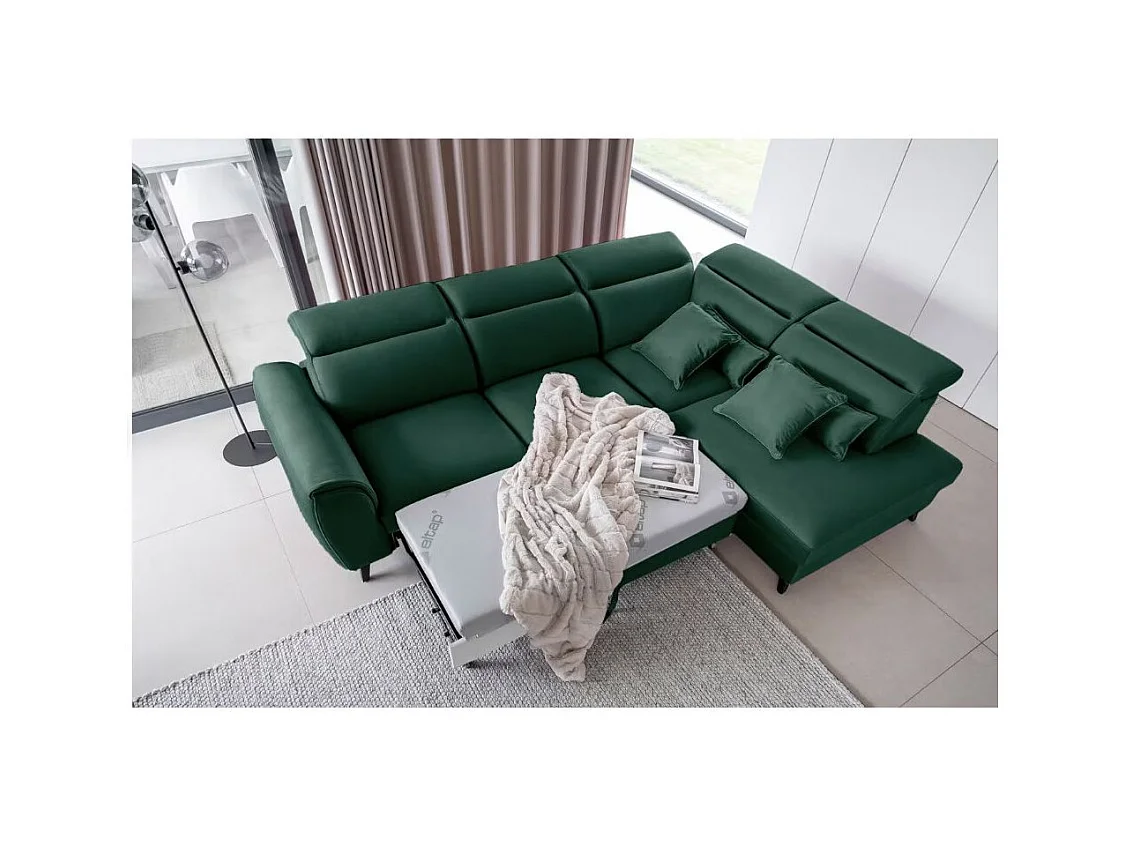 Canapé d'angle convertible avec rangement velours NOBLESSE - Pieds bois noir-Vert foncé-angle droit