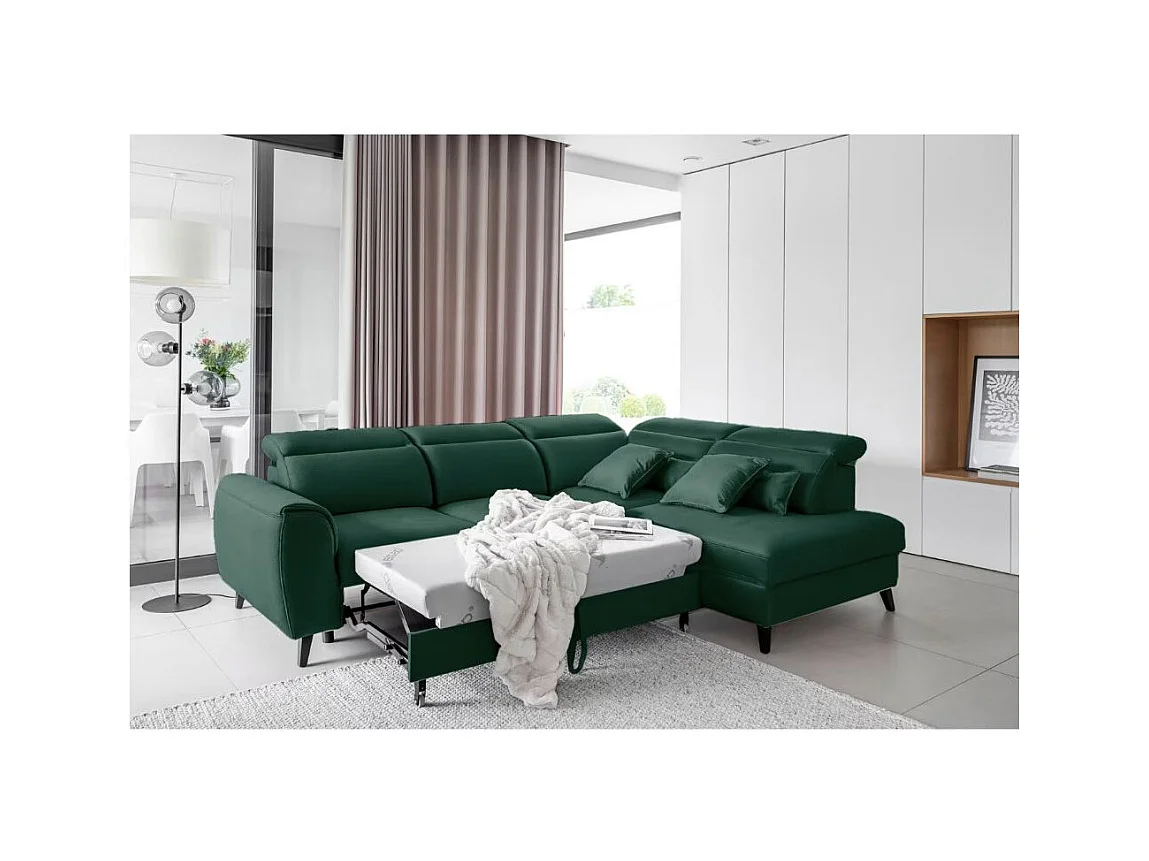 Canapé d'angle convertible avec rangement velours NOBLESSE - Pieds bois noir-Vert foncé-angle droit