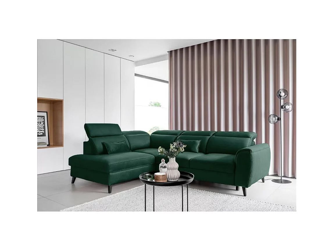 Canapé d'angle convertible avec rangement velours NOBLESSE - Pieds bois noir-Vert foncé-angle droit