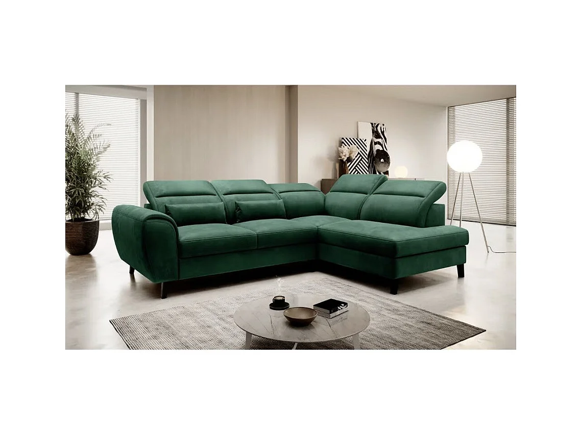 Canapé d'angle convertible avec rangement velours NOBLESSE - Pieds bois noir-Vert foncé-angle droit