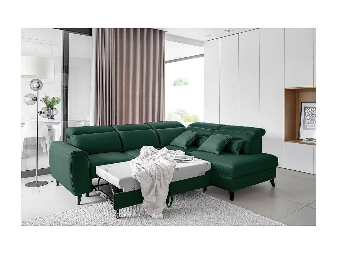 Canapé d'angle convertible avec rangement velours NOBLESSE - Pieds bois noir-Vert foncé-angle droit