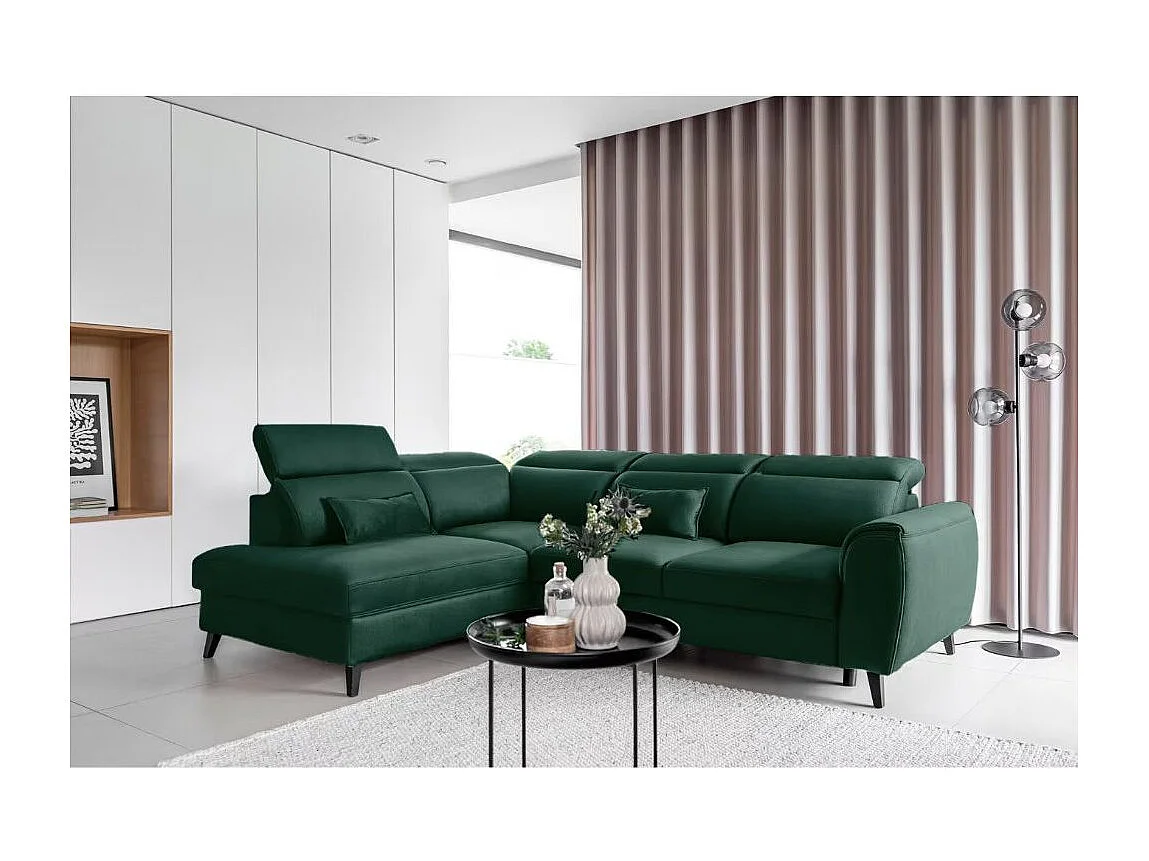 Canapé d'angle convertible avec rangement velours NOBLESSE - Pieds bois noir-Vert foncé-angle droit