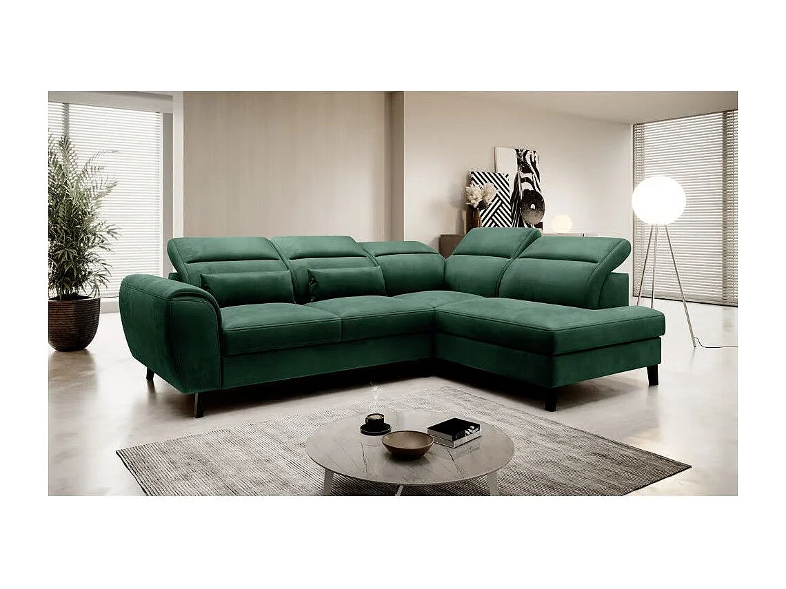Canapé d'angle convertible avec rangement velours NOBLESSE - Pieds bois noir-Vert foncé-angle droit