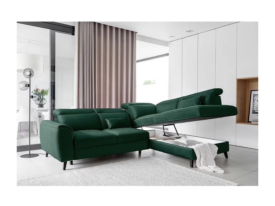 Canapé d'angle convertible avec rangement velours NOBLESSE - Pieds bois noir-Vert foncé-angle droit