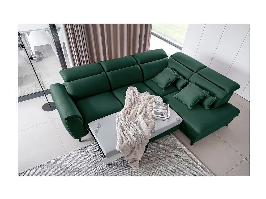 Canapé d'angle convertible avec rangement velours NOBLESSE - Pieds bois noir-Vert foncé-angle droit