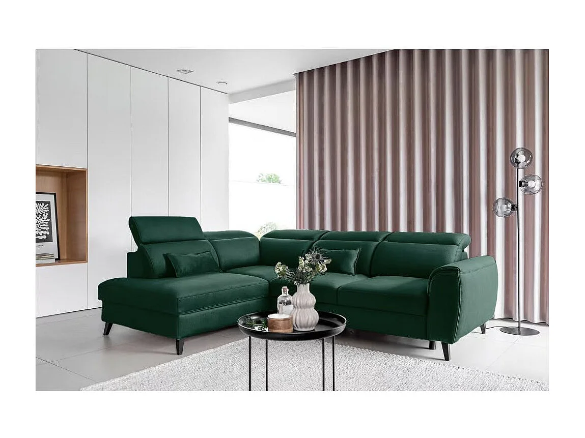 Canapé d'angle convertible avec rangement velours NOBLESSE - Pieds bois noir-Vert foncé-angle droit