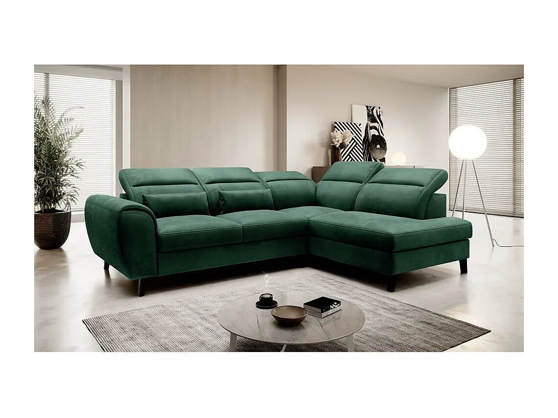 Canapé d'angle convertible avec rangement velours NOBLESSE - Pieds bois noir-Vert foncé-angle droit