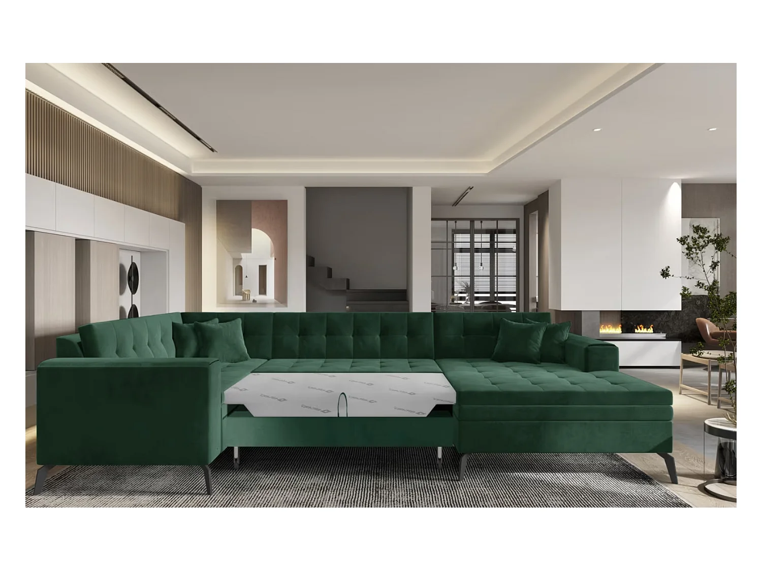 Canapé panoramique convertible BONTY velours matelassé-Vert épinard-Méridienne A droite