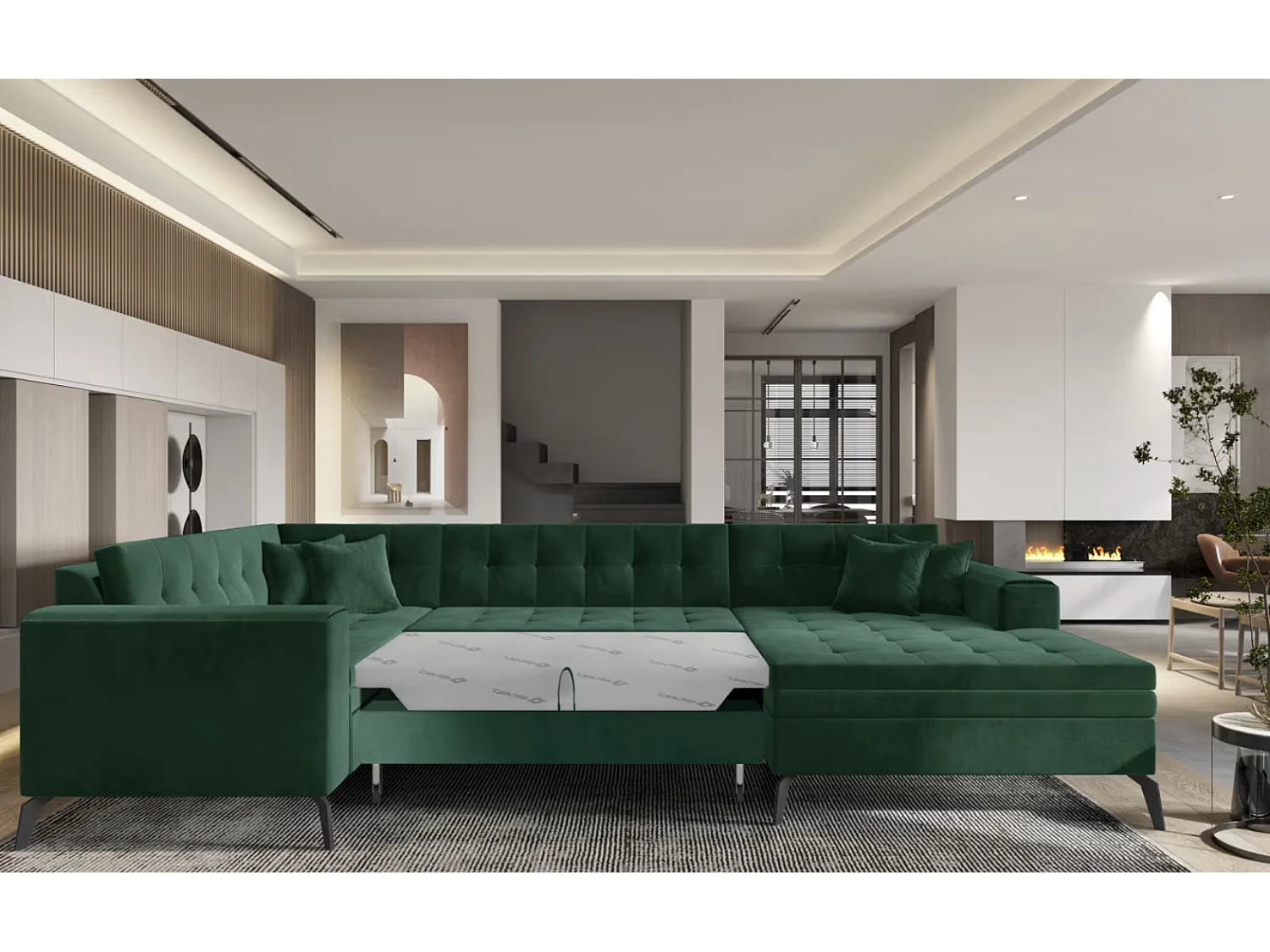 Canapé panoramique convertible BONTY velours matelassé-Vert épinard-Méridienne A droite