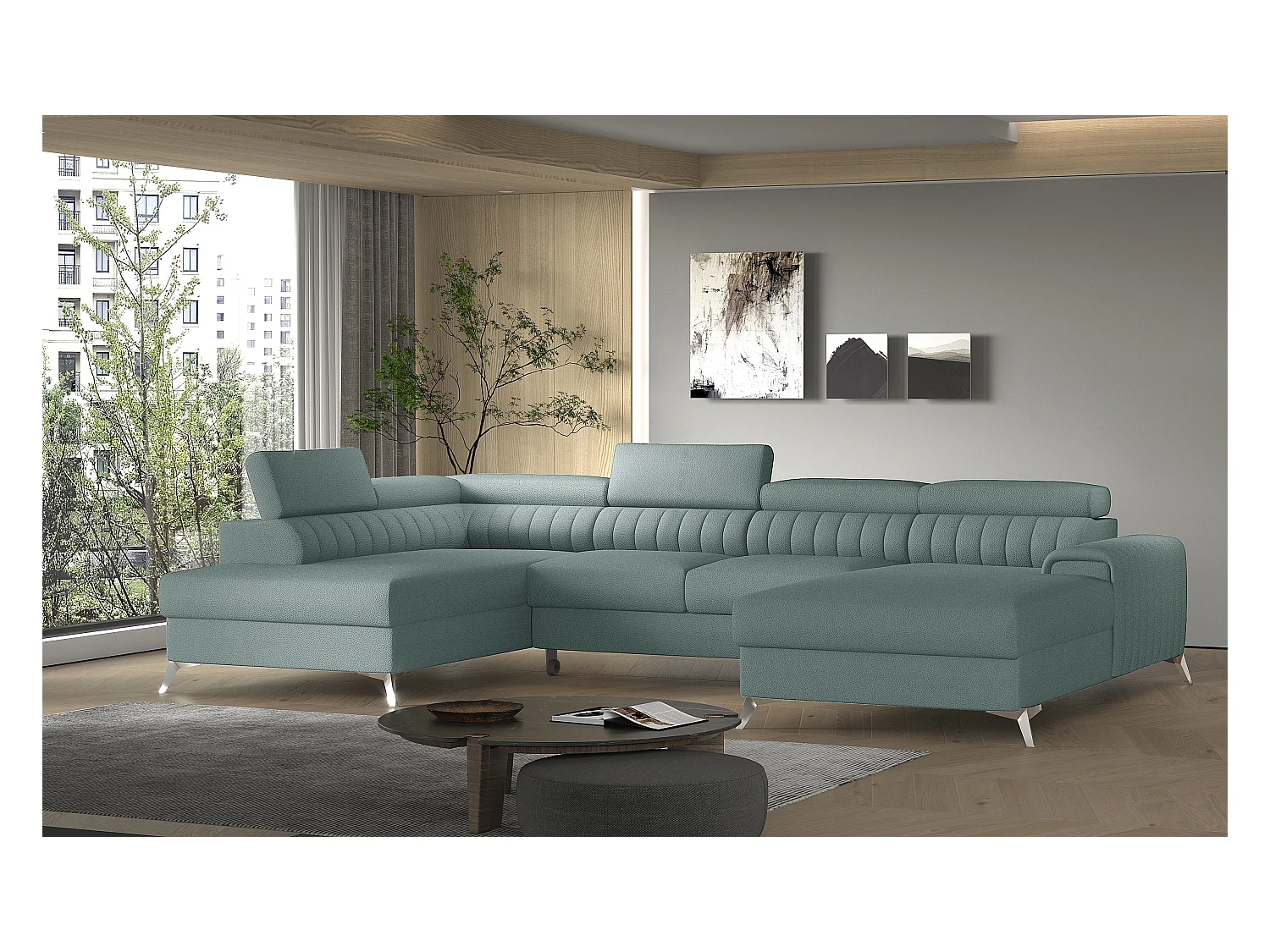 Canapé en U convertible KALANTE tissu - Coffre de rangement et appuie-têtes réglables-Bleu ardoise-Coffre à gauche