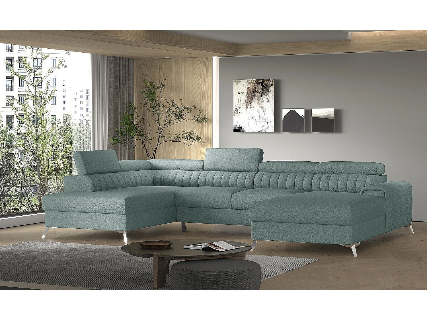 Canapé en U convertible KALANTE tissu - Coffre de rangement et appuie-têtes réglables-Bleu ardoise-Coffre à gauche